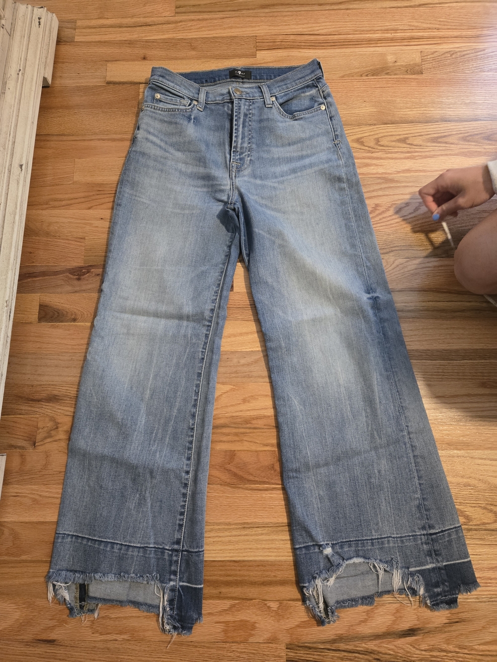 7 For All Mankind Light Blue Wide-Leg Frayed Hem Jeans